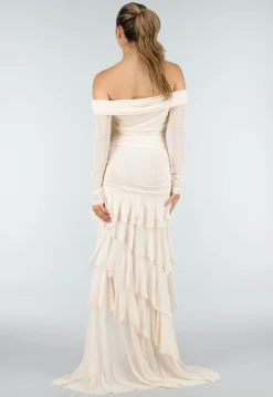 Beige Off Shoulder Mesh Jurk met Asymmetrische Zoom