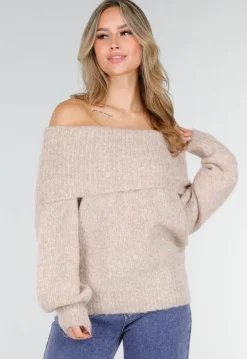 Beige Off Shoulder Wollen Gebreide Trui en Losse Pasvorm