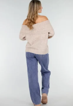Beige Off Shoulder Wollen Gebreide Trui en Losse Pasvorm