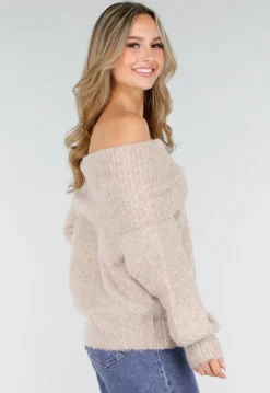 Beige Off Shoulder Wollen Gebreide Trui en Losse Pasvorm
