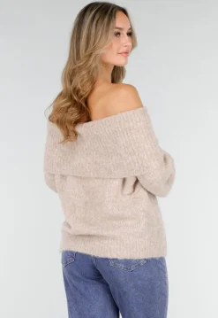 Beige Off Shoulder Wollen Gebreide Trui en Losse Pasvorm