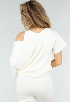 Beige One Shoulder Top met Ingewerkte Top en Stretch