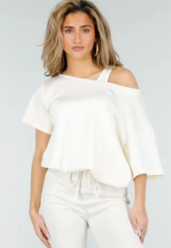 Beige One Shoulder Top met Ingewerkte Top en Stretch