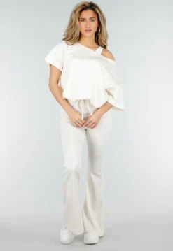 Beige One Shoulder Top met Ingewerkte Top en Stretch