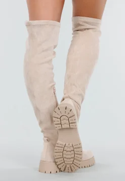 Beige Overknee Laarzen met Profielzool en Suèdelook