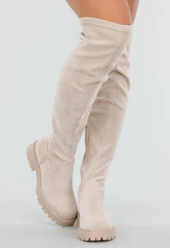 Beige Overknee Laarzen met Profielzool en Suèdelook