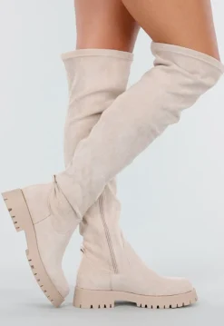 Beige Overknee Laarzen met Profielzool en Suèdelook