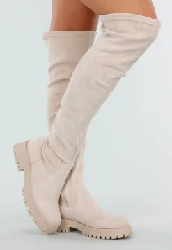 Beige Overknee Laarzen met Profielzool en Suèdelook