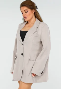 Beige Oversized Blazer met Knoopsluiting, Schoudervulling en Klepzakken