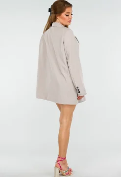 Beige Oversized Blazer met Knoopsluiting, Schoudervulling en Klepzakken