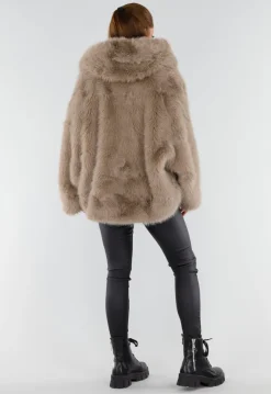 Beige Oversized Faux Fur Jas met Capuchon