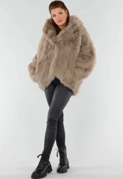 Beige Oversized Faux Fur Jas met Capuchon