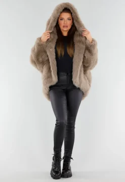 Beige Oversized Faux Fur Jas met Capuchon