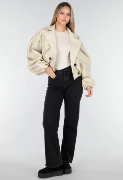 Beige Oversized Faux Leather Jasje met Pofmouwen