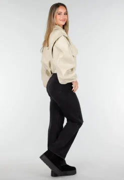 Beige Oversized Faux Leather Jasje met Pofmouwen