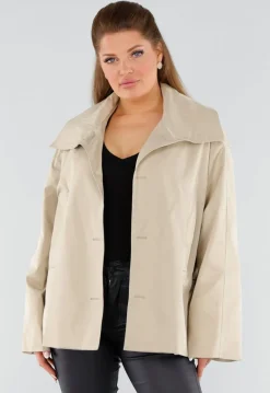 Beige Oversized Jas met Ceintuur en Brede Kraag