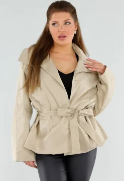 Beige Oversized Jas met Ceintuur en Brede Kraag