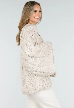 Beige Oversized Kabeltrui met Wijde Mouwen