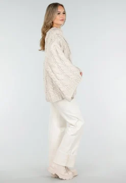 Beige Oversized Kabeltrui met Wijde Mouwen