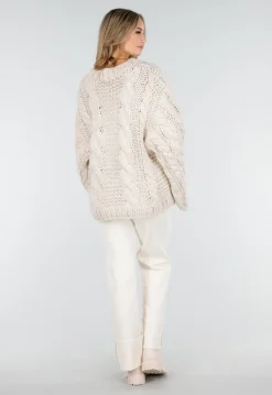 Beige Oversized Kabeltrui met Wijde Mouwen
