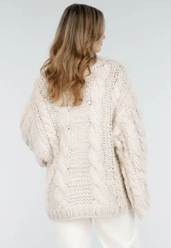 Beige Oversized Kabeltrui met Wijde Mouwen