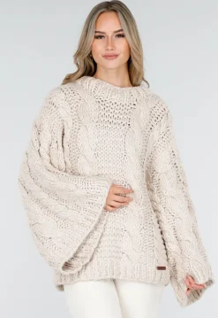 Beige Oversized Kabeltrui met Wijde Mouwen