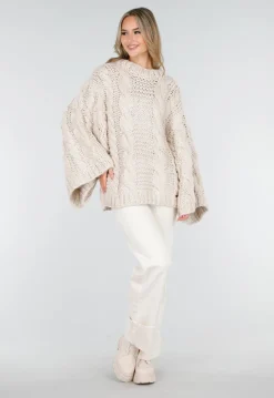 Beige Oversized Kabeltrui met Wijde Mouwen