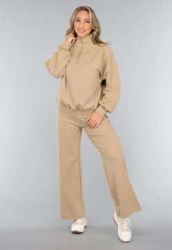 Beige Oversized Sweater met Rits