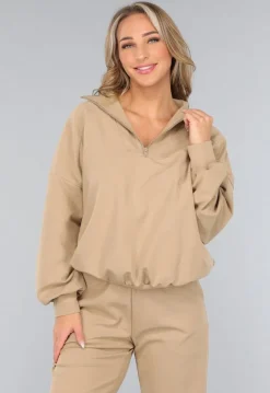 Beige Oversized Sweater met Rits