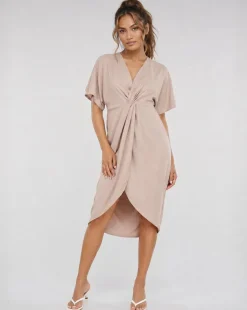 Beige Overslag Midi Jurk met Vlindermouwen en Gedrapeerd Detail