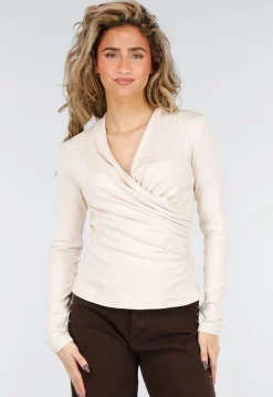 Beige Overslag Top met Lange Mouwen en Stretch