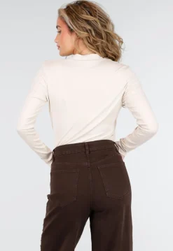 Beige Overslag Top met Lange Mouwen en Stretch