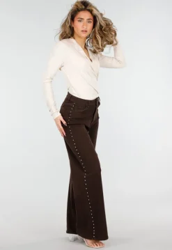 Beige Overslag Top met Lange Mouwen en Stretch