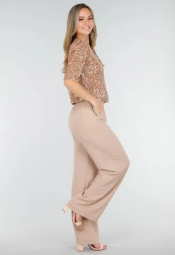 Beige Pailletten Top met Korte Mouwen en Ronde Hals