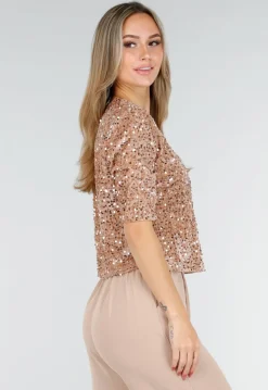 Beige Pailletten Top met Korte Mouwen en Ronde Hals