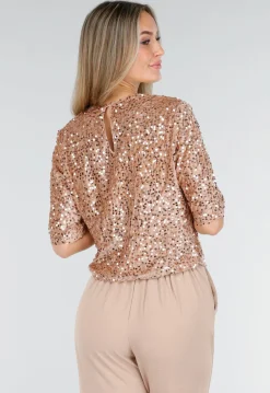 Beige Pailletten Top met Korte Mouwen en Ronde Hals