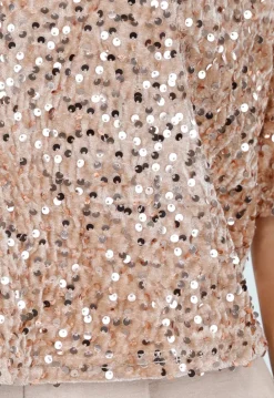 Beige Pailletten Top met Korte Mouwen en Ronde Hals