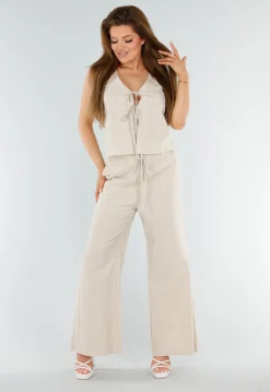 Beige 2-Piece Set met Wijde Broek en Striksluitingen