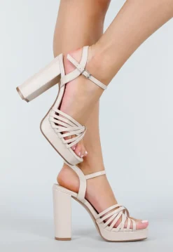 Beige Platform Sandalen met Blokhak, Kruisbandjes en Enkelbandje