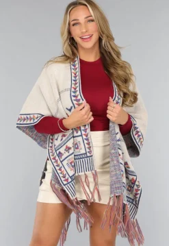 Beige Print Cardigan met Franjes