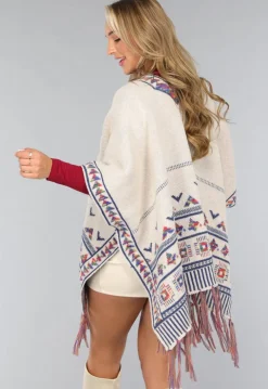 Beige Print Cardigan met Franjes