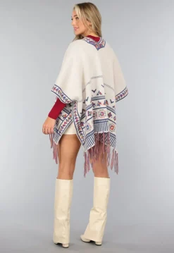 Beige Print Cardigan met Franjes