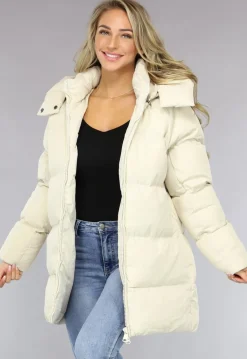 Beige Puffer Jas met Afritsbare Capuchon