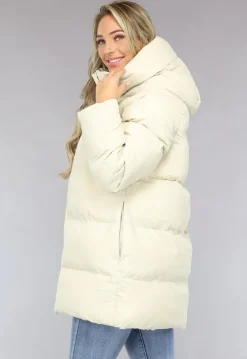 Beige Puffer Jas met Afritsbare Capuchon