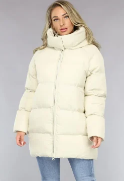 Beige Puffer Jas met Afritsbare Capuchon