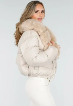 Beige Pufferjas met Bontkraag en Drukknopen