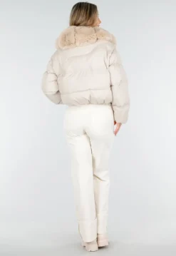Beige Pufferjas met Bontkraag en Drukknopen