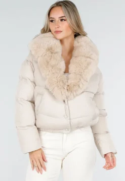 Beige Pufferjas met Bontkraag en Drukknopen