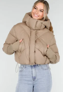Beige Puffer Jas met Capuchon en Hoge Kraag