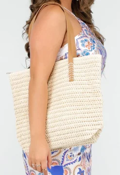Beige Raffia Tote Tas met Bruine Lederlook Banden
